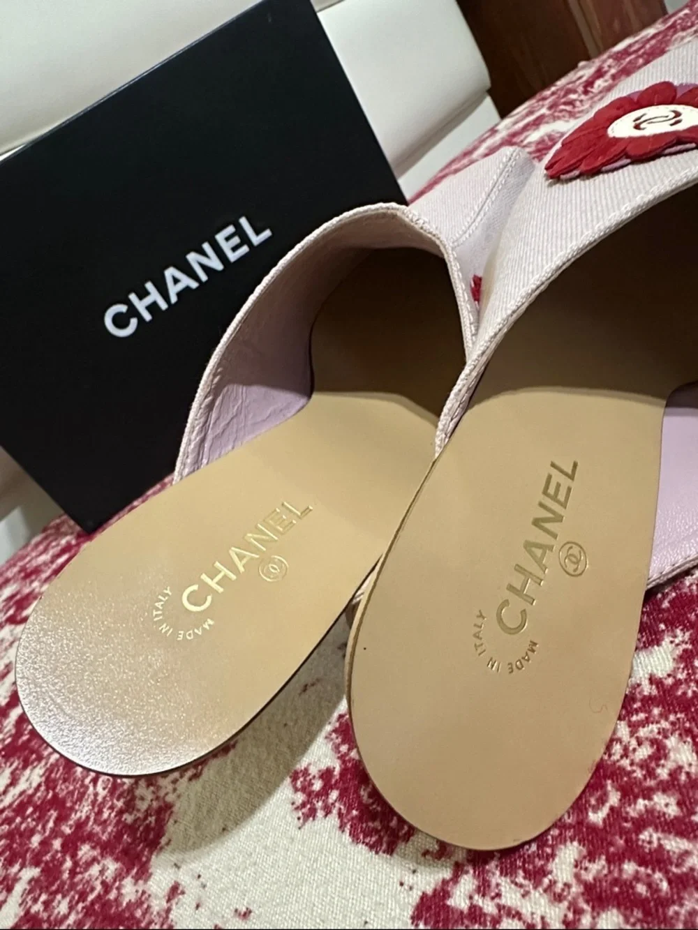 CHANEL Light Purple Canvas Mules with Red Flower Accent